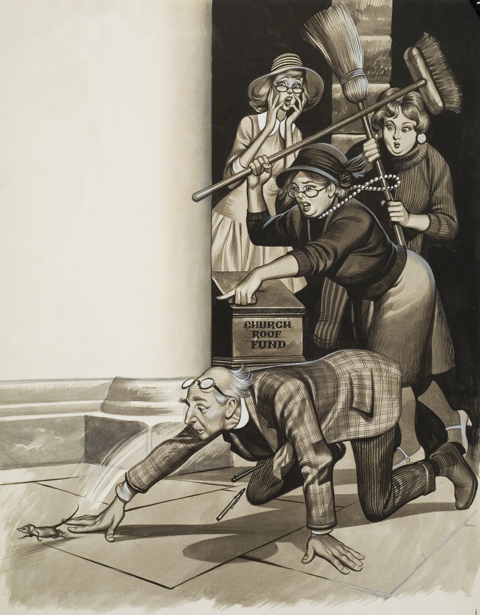 Præst og kvinder (gouache på papir) af Ron Embleton