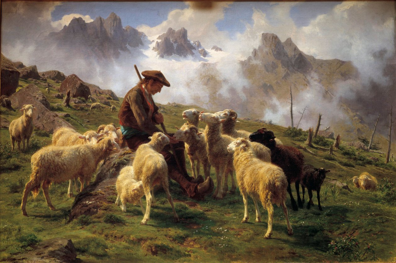 En alpehyrde giver salt til sine får Maleri af Rosa Bonheur (1822-1899) 1864 Søn. 0,68x1 m Chantilly, Musee Conde af Rosa Bonheur