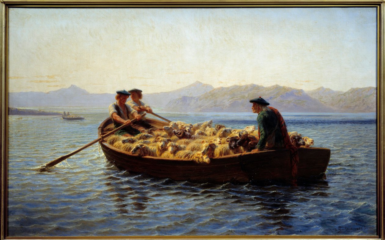 Ændring af græsning. Hyrder gik ombord i flokken af får for at tage dem til den anden kyst. Maleri af Rosa Bonheur (1822-1899) af Rosa Bonheur