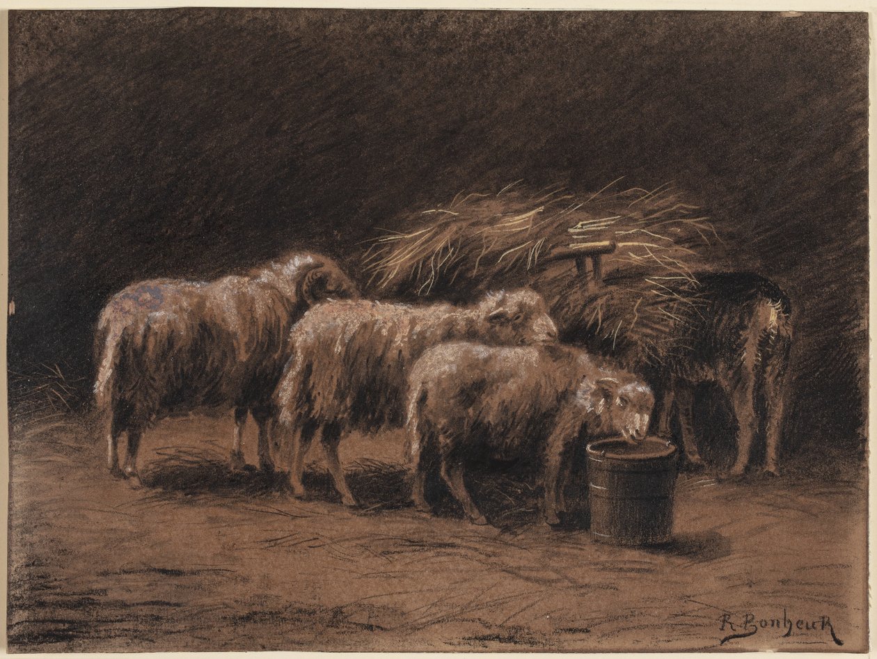 Et par får og en vædder i en stald af Rosa Bonheur