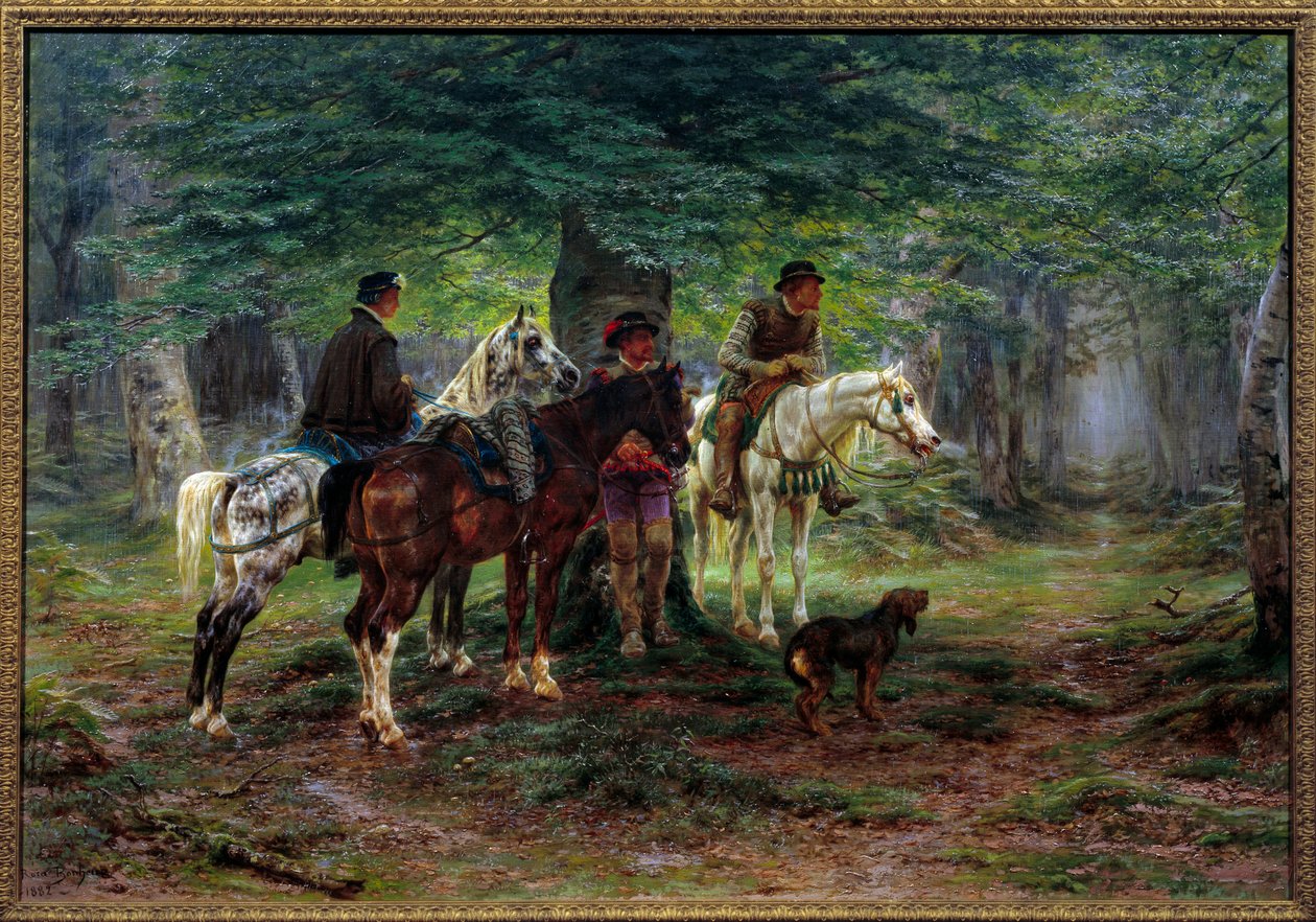 Ryttere overrasket af en regn (1600-tallet). I en skov går mænd på hesteryg under et træ og venter på, at regnen holder op med at falde. Maleri af Rosa Bonheur (1822-1899) af Rosa Bonheur