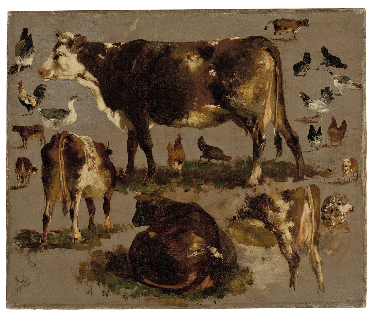 Studier af køer, høns, haner, en gås og et får (olie på lærred) af Rosa Bonheur