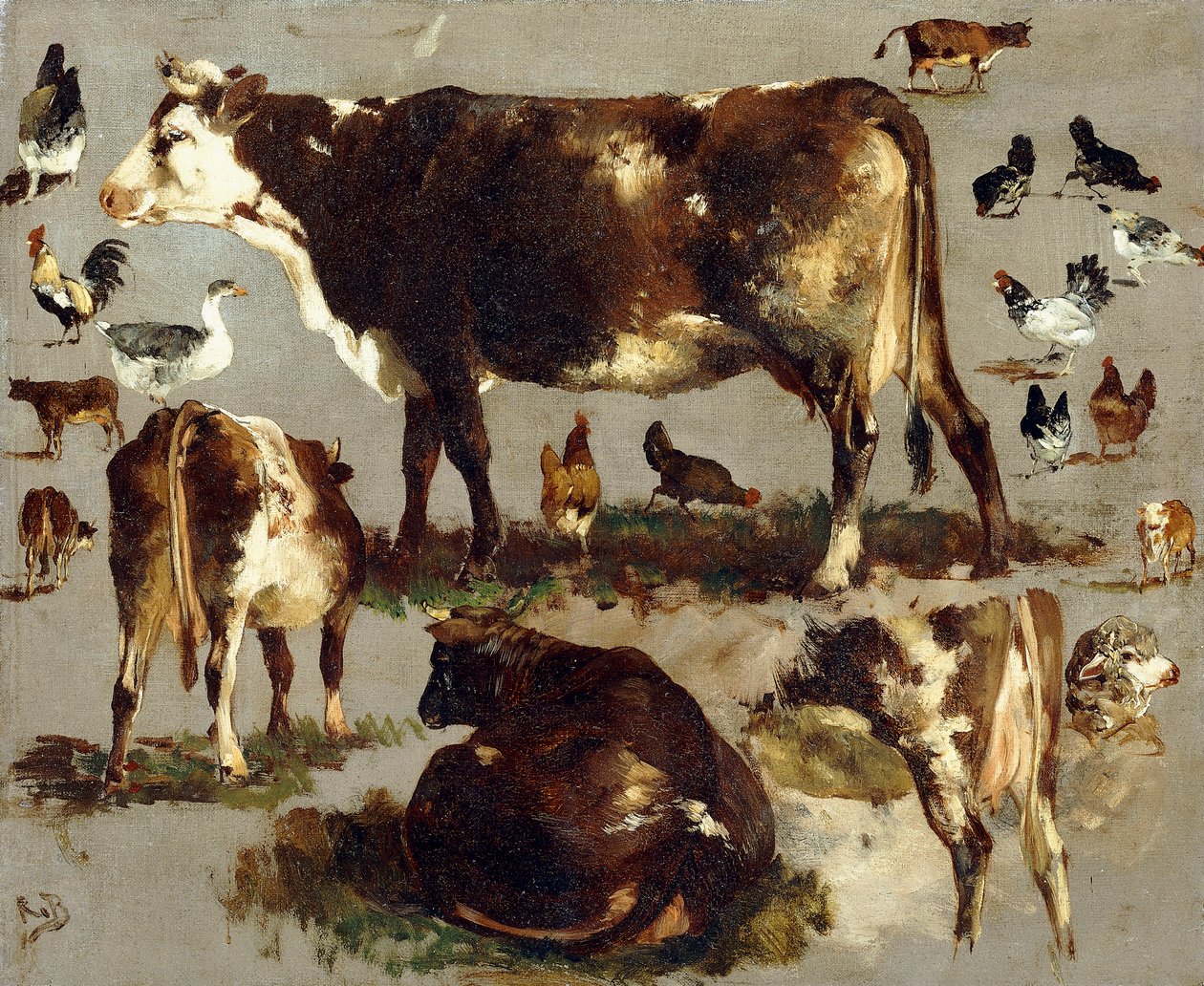 Studier af køer, høns, haner, en gås og et får, af Rosa Bonheur