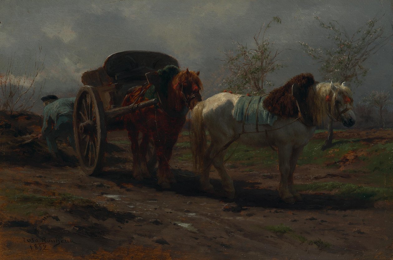 To heste foran en vogn af Rosa Bonheur