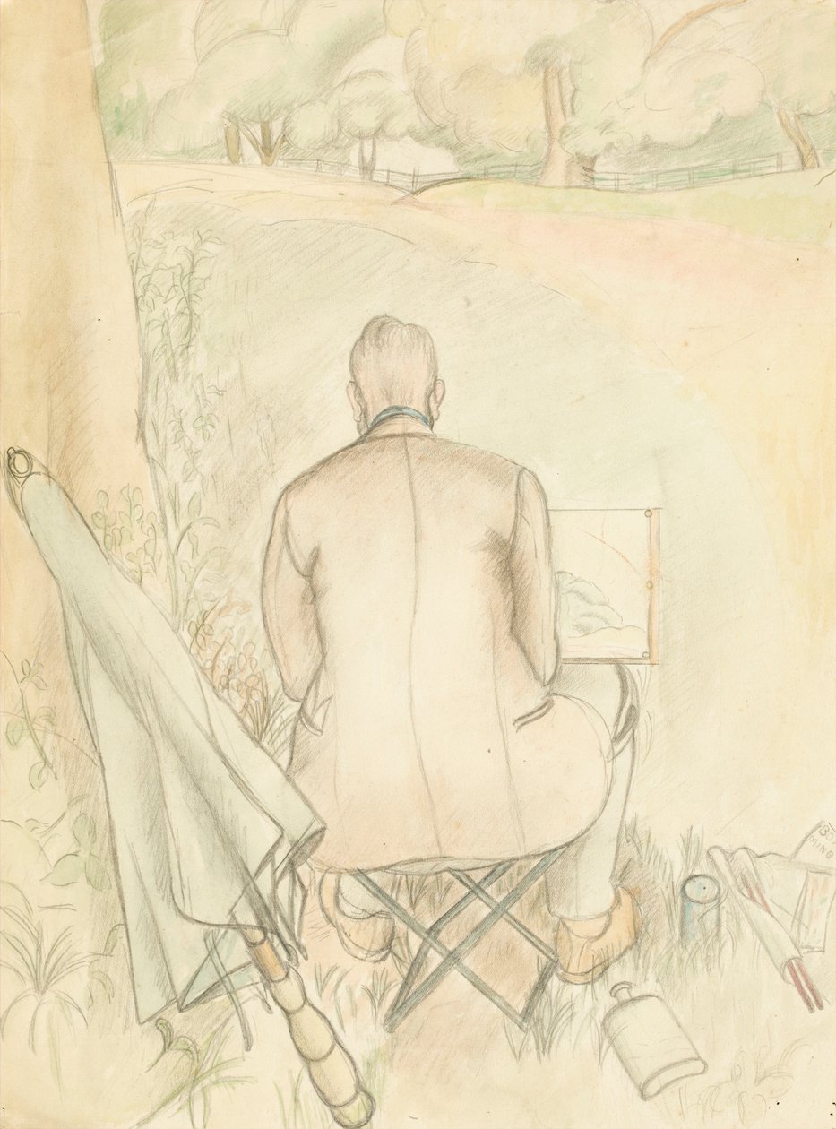 Portræt af kunstnerens mand, Reginald Brill, skitsering, ca. 1930 (wc og blyant på papir) af Rosalie Brill