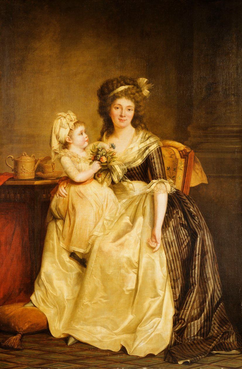 Portræt af en dame, siddende i fuld længde ved et bord, med sin datter, der holder en posey af blomster af Rose Adelaide Ducreux