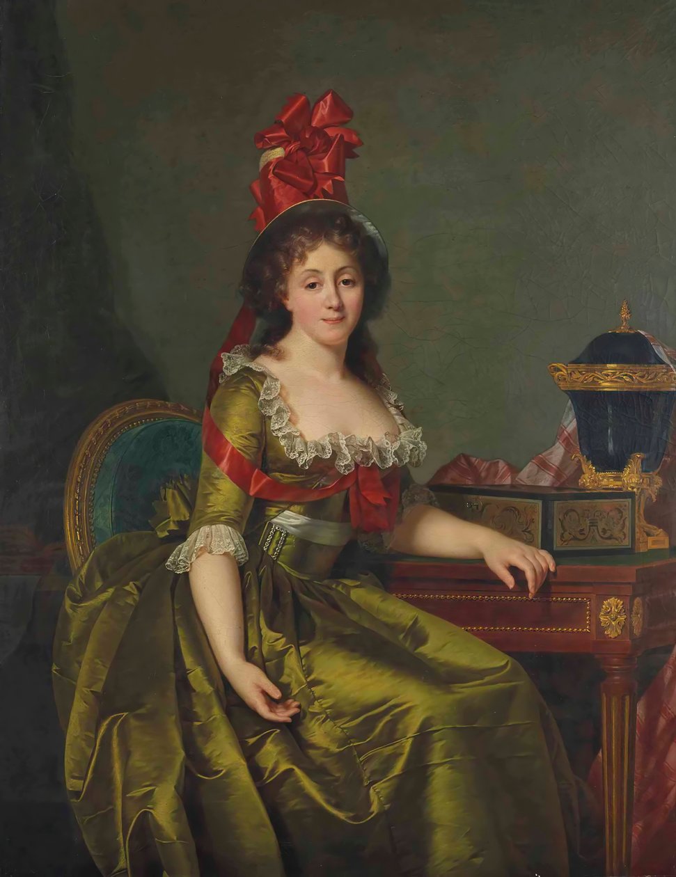 Portræt af en dame, i en grøn satin kjole og en motorhjelm med røde bånd. af Rose Adelaide Ducreux