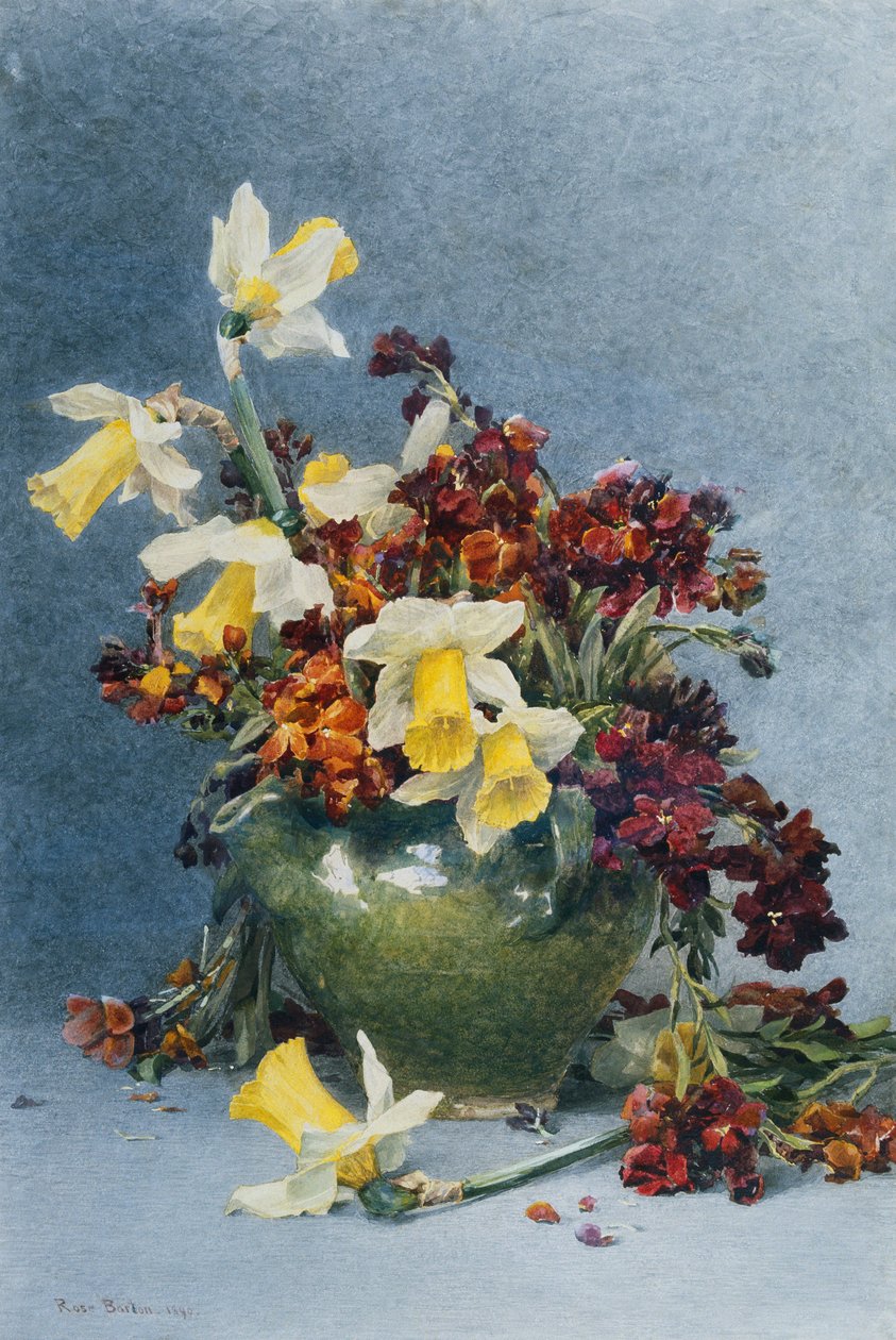 Påskeliljer og vægblomster i en grøn vase, 1890 af Rose Maynard Barton