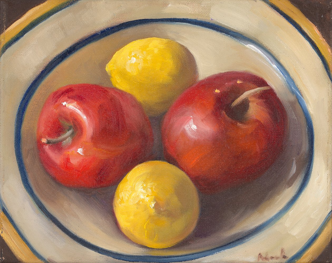 Æbler og citroner, 2016 (olie på lærred) af Rosemarie Adcock