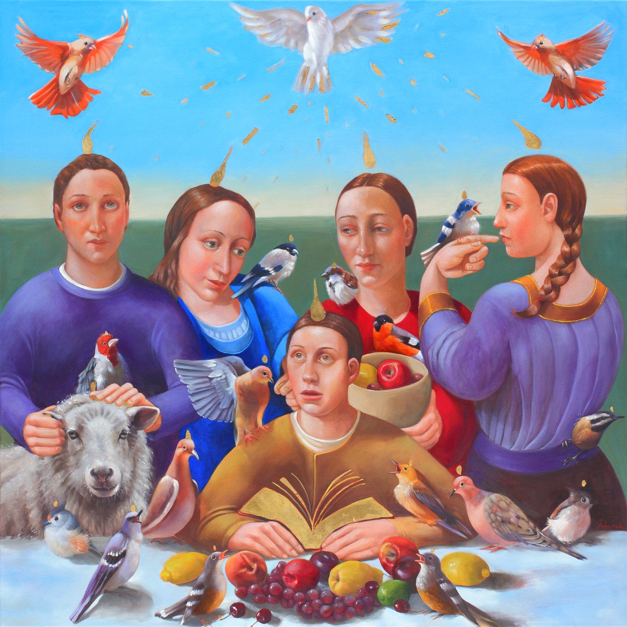 The Pentecost, 2018 (olie og bladguld på lærred) af Rosemarie Adcock