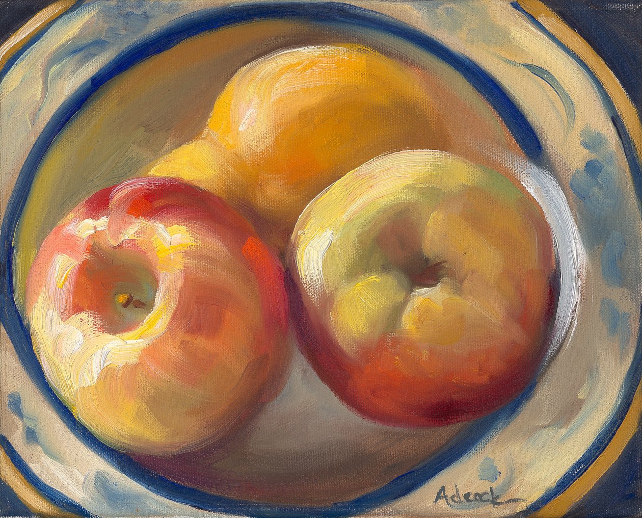 Gul pære og æbler, 2017 (olie på lærred) af Rosemarie Adcock