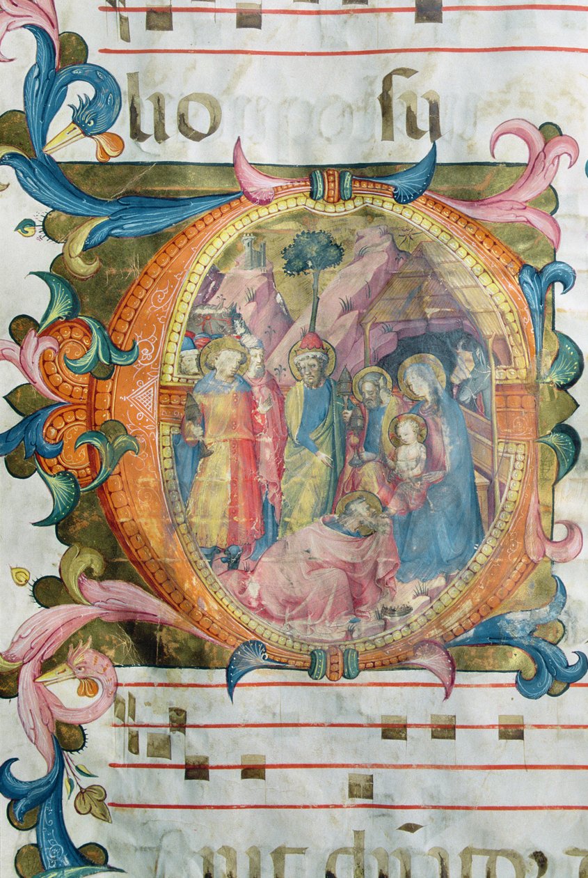 Corale / Graduale nr. 5 Historikert initial "O", der viser tilbedelsen af Magi af Rossello Franchi