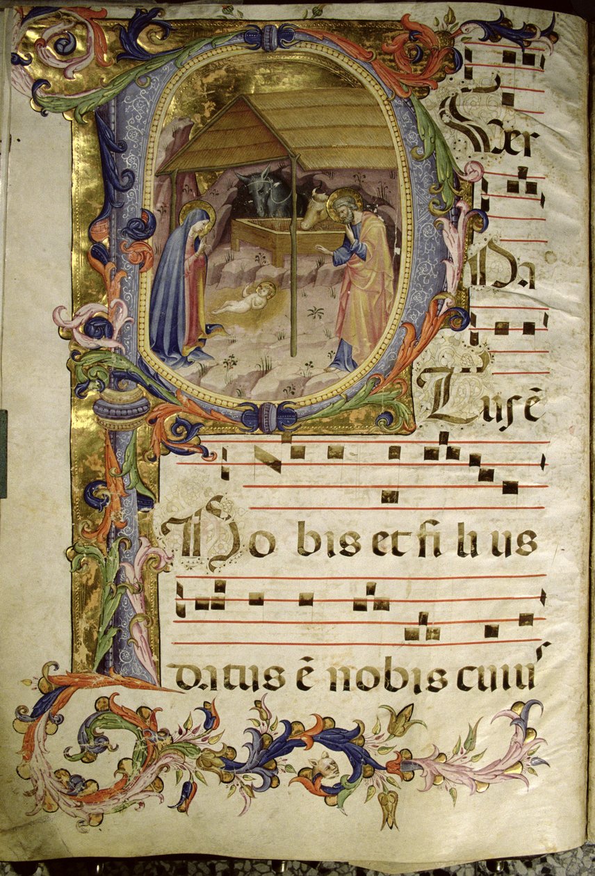 Corale / Graduale nr. 5 Historikert initial "P", der skildrer fødselaren af Rossello Franchi