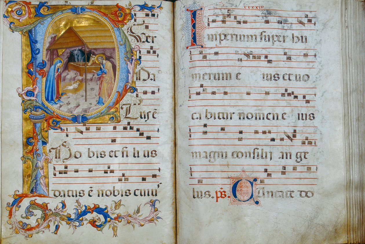 Korbog "D", vist i katedralen i Santo Stefano: en historisk initial, der skildrer fødselaren, ca. 1429-35 af Rossello di Jacopo Franchi