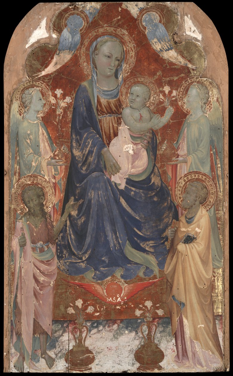 Jomfru og barn med Johannes Døberen, Sankt Peter og to engle. af Rossello di Jacopo Franchi