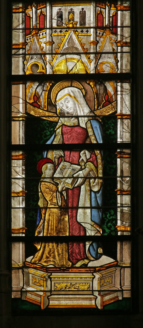 Vindue, der viser Sankt Anne, der lærer Jomfruen at læse, 1500-10 af Rouen School