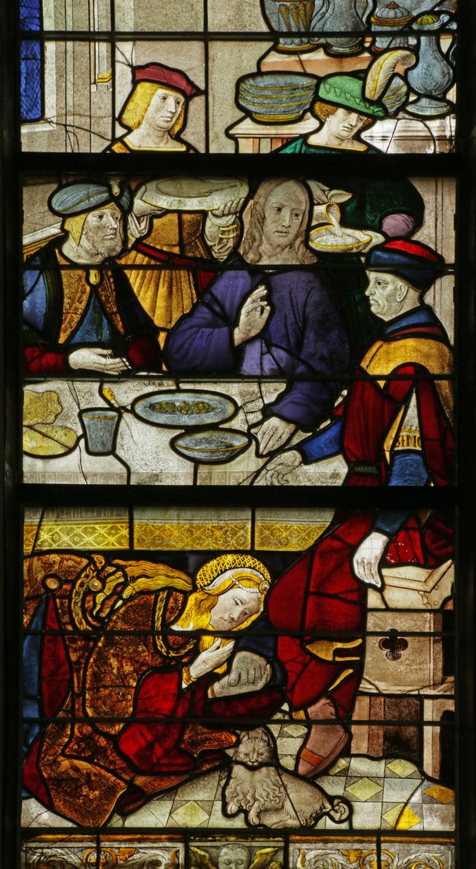 Vindue af Maria Magdalena, der vasker Kristi fødder, 1500-10 af Rouen School