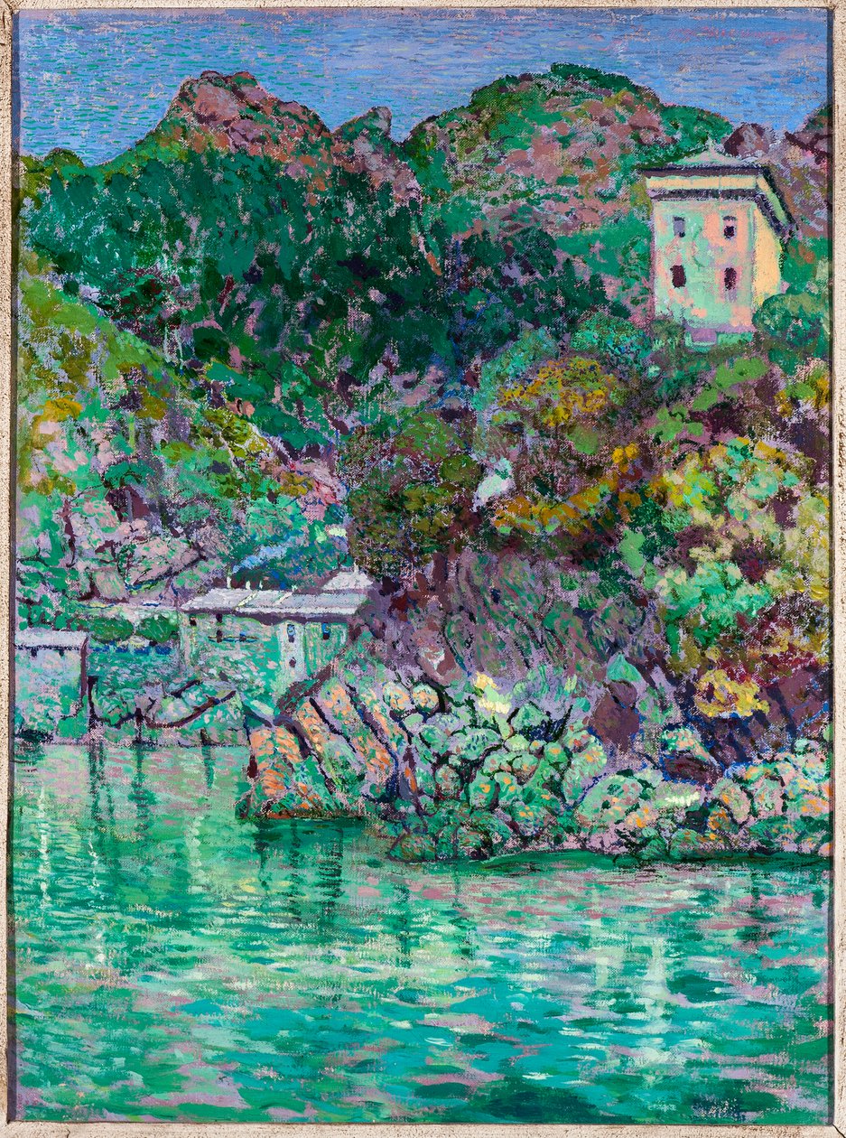 Udsigt over San Fruttuoso, nær Camogli (olie på lærred af Rubaldo Merello