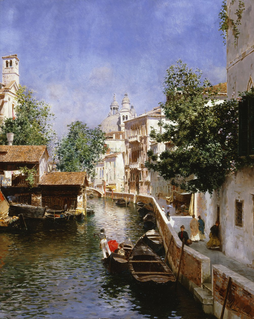 En venetiansk kanalscene af Rubens Santoro