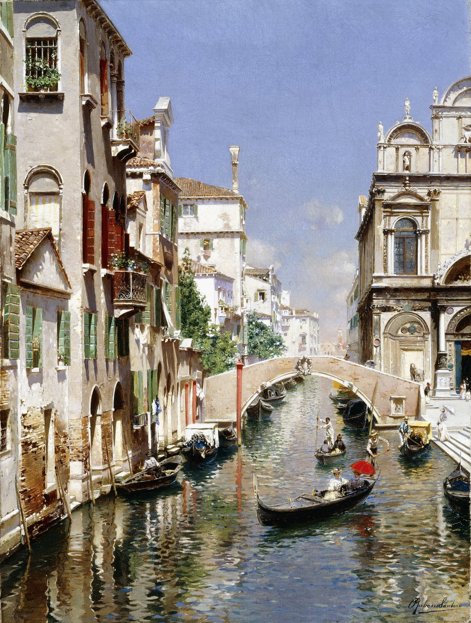 En venetiansk kanal med Scuola Grande di San Marco og Campo San Giovanni e Paolo, Venedig af Rubens Santoro