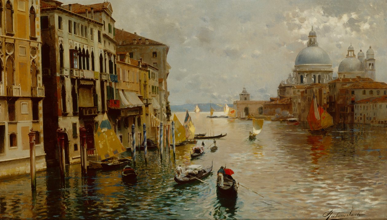 Gondoler på Canal Grande, Dogana og Santa Maria della Salute hinsides, Venedig (olie på lærred) af Rubens Santoro