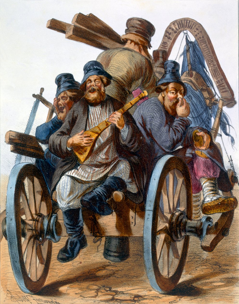 Gruppe af berusede bondemænd synger, mens de går hjem på en vogn, 1843 af Rudolf Jukowsky