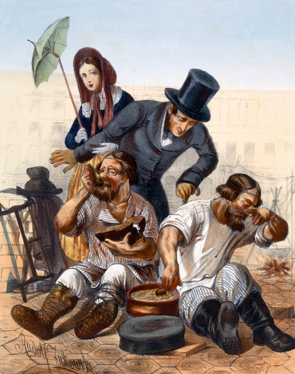 Rigt par taler med et par berusede tømrere, der laver mad og spiser på gaden, 1843 af Rudolf Jukowsky