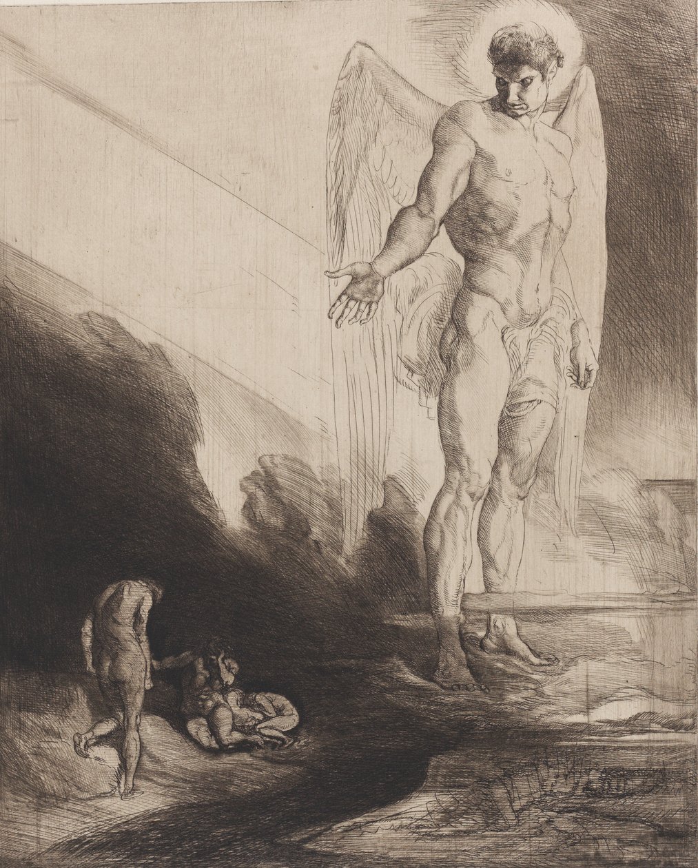 Lucifer overgiver Kain til sin skæbne, fra otte raderinger på Byrons Kain, 1919-1920. af Rudolf Jettmar
