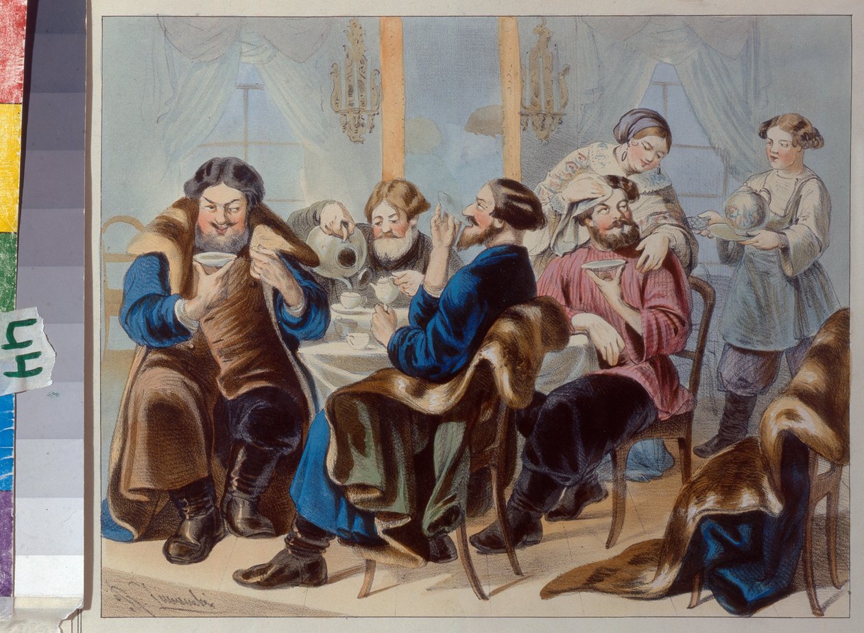 Te og sukker. Tedrikning i et værtshus par Zhukovsky, Rudolf Kasimirovich (1814-1886), Første kvartal af 1800-tallet. - Litografi, akvarel - Statens historiske museum, Moskva af Rudolf Kasimirovich Zhukovsky