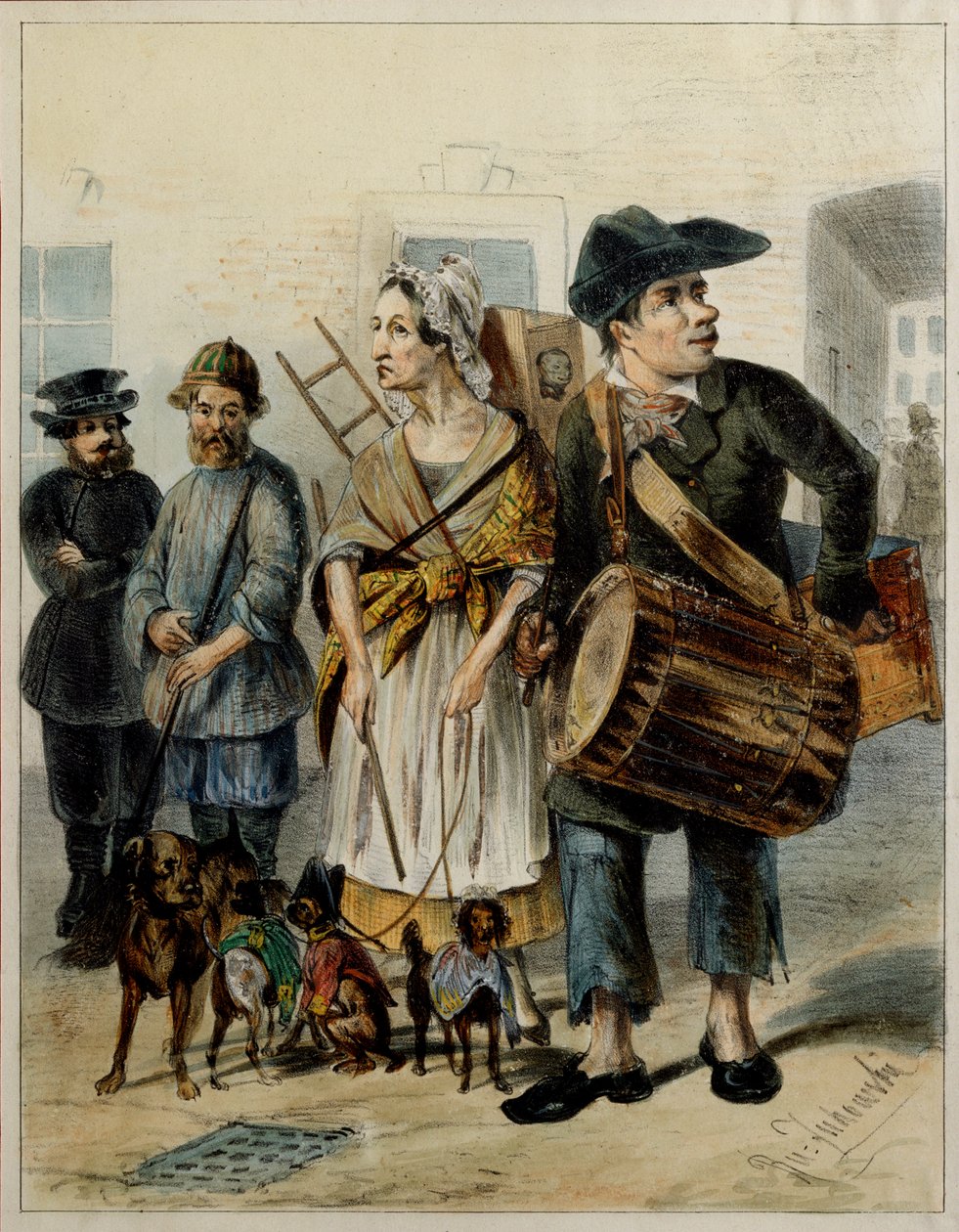 A Servant Takes The Dogs Out - Kunstværk af Rudolf Kasimirovich Zhukovsky (1814-1886), akvarel og blæk på papir af Rudolf Kasimirovich Zhukovsky