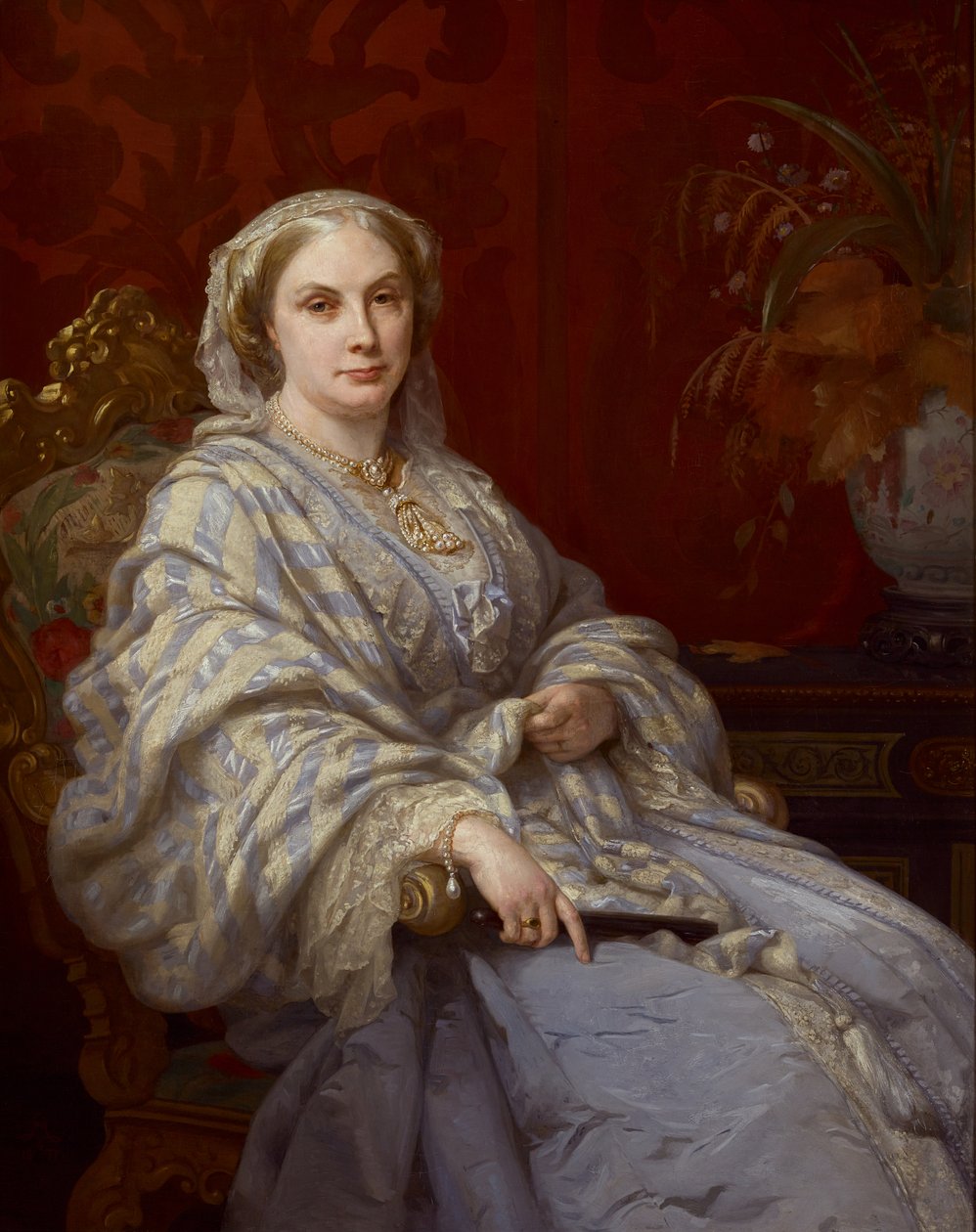 Portræt af Louisa, hustru til Algernon, 6. hertug af Northumberland, trekvart længde, iført en blå kjole og blå-hvidstribet sjal af Rudolf Lehmann