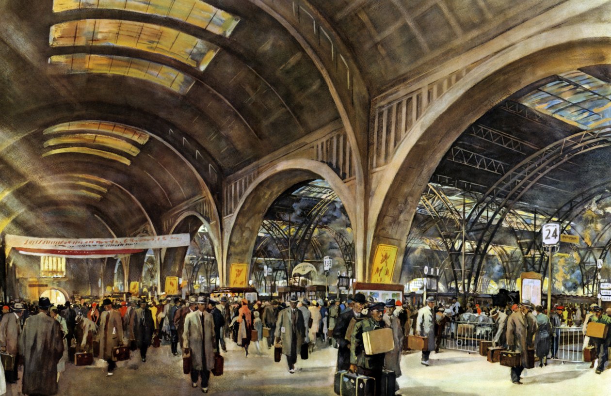 Tyske jernbaner - Leipzigs hovedbanegård under messen (akvarel) af Rudolf Lipus