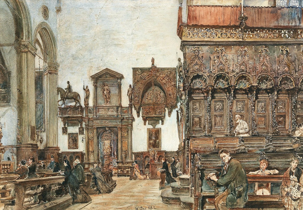 Det indre af Basilica di Santa Maria Gloriosa dei Frari i Venedig med bønner i korstolene af Rudolf von Alt