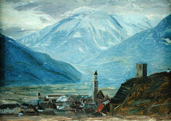 Merano i sneen, ca. 1840 (olie på papir på pap) af Rudolph Friedrich Wasmann