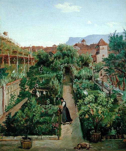 Ottmannsgutes blomsterhave i Merano, ca. 1840 (olie på papir på pap) af Rudolph Friedrich Wasmann
