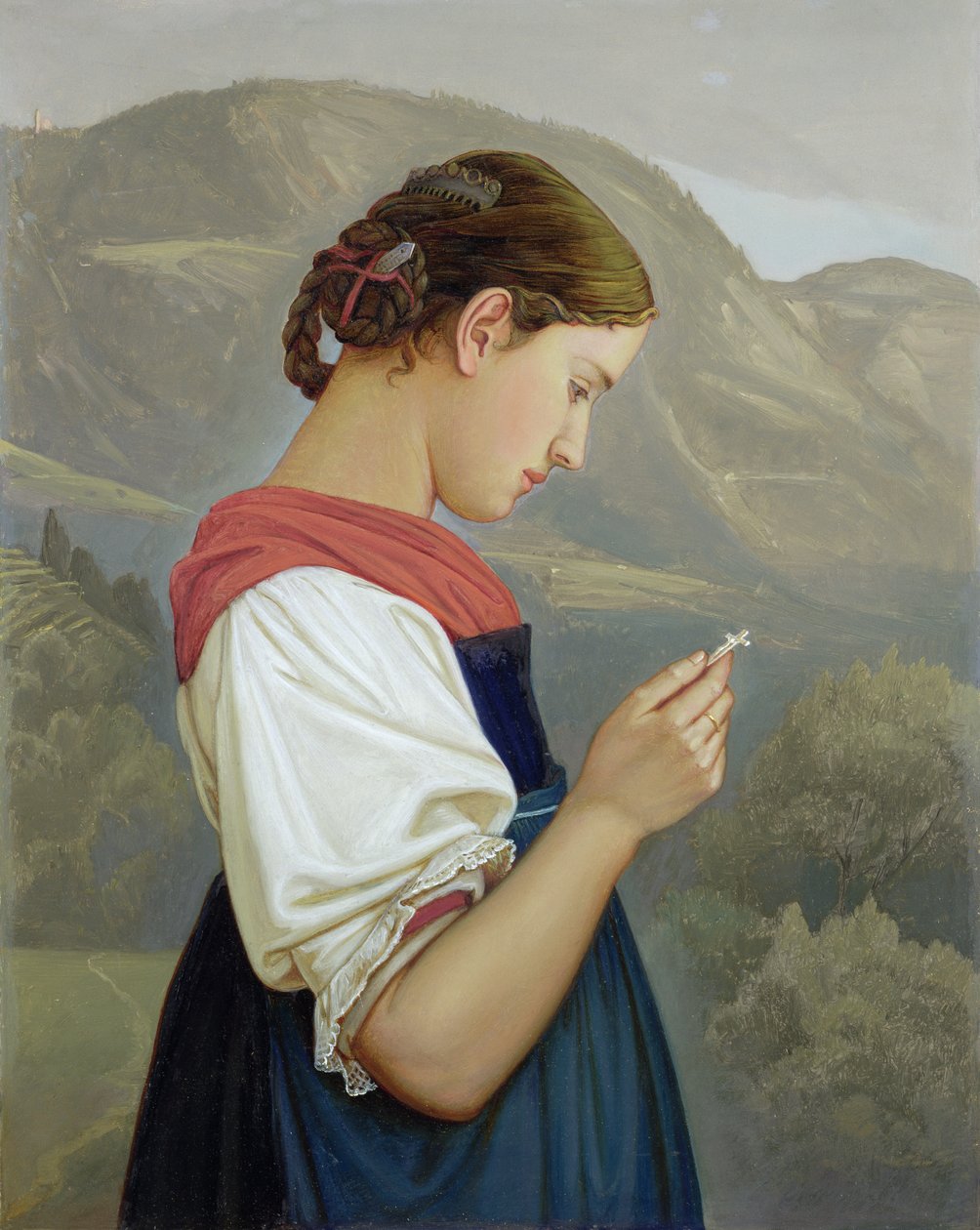 Tyrolerpige overvejer et krucifiks, 1865 (olie på papir) af Rudolph Friedrich Wasmann