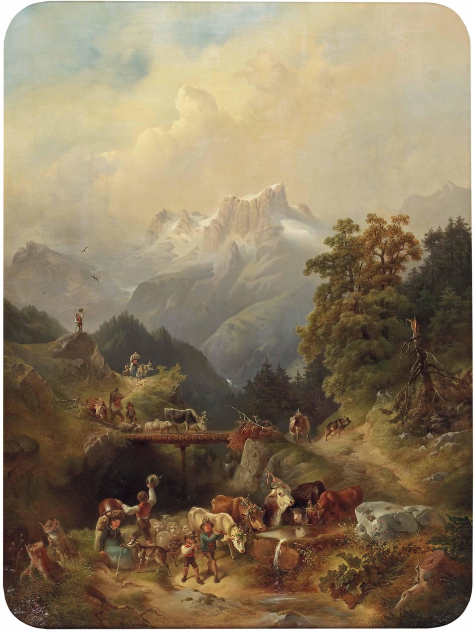 Festlig kvægkørsel i de høje bjerge. af Rudolf Swoboda der Ältere
