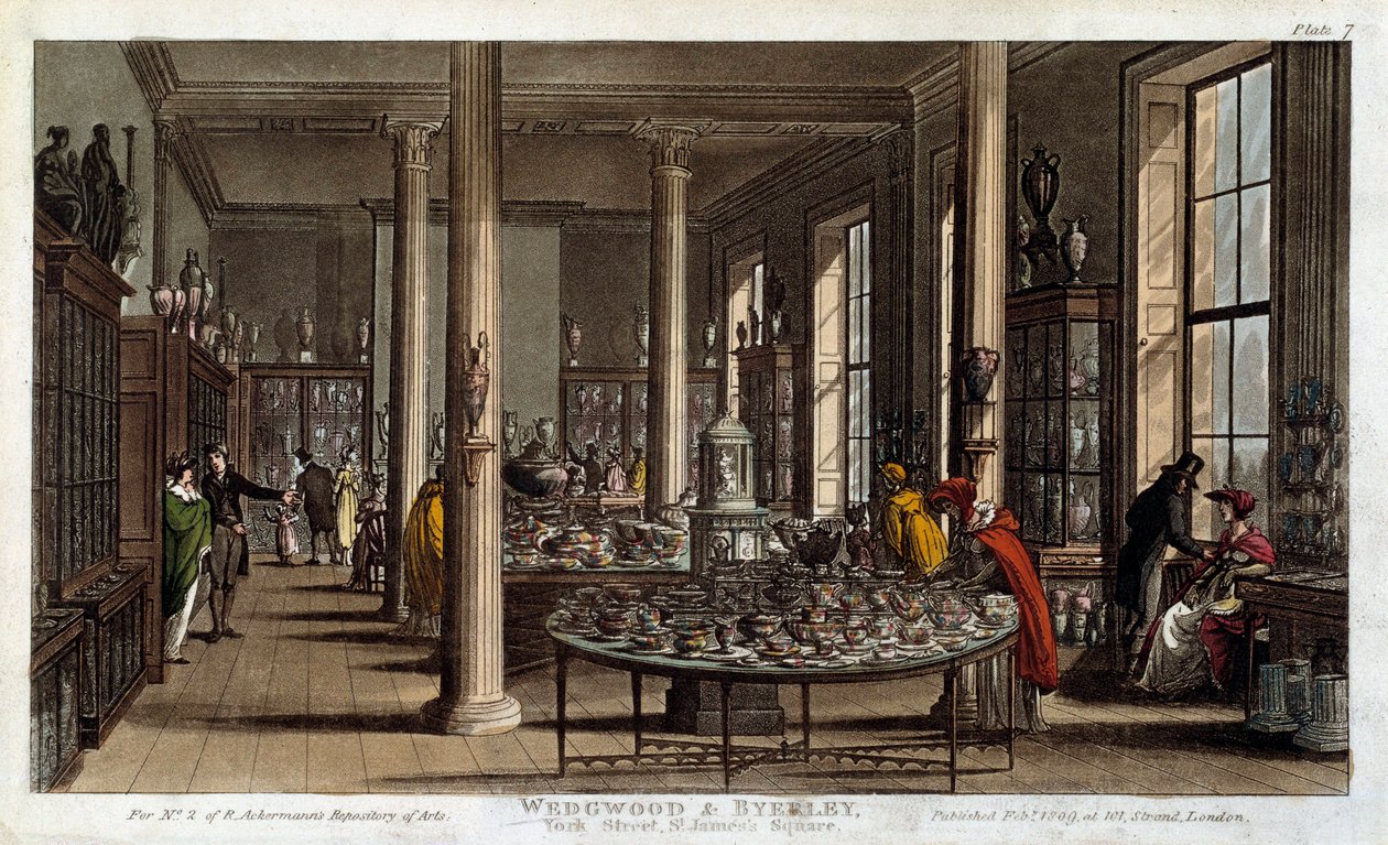 Indvendigt billede af en Wedgwood porcelænsbutik i London Litografi af R. Ackermann af Rudolph Ackermann