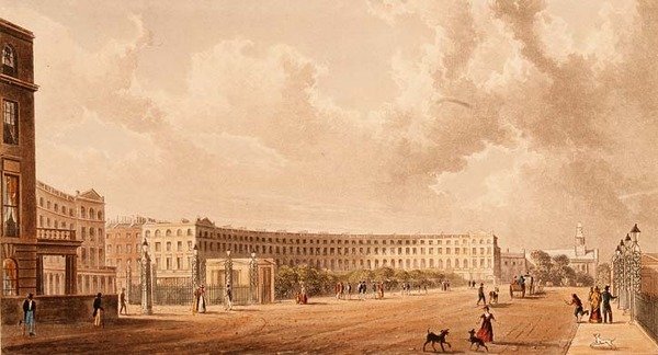 The Crescent, Portland Place, akvatint udgivet i 1822 af Rudolph Ackermann