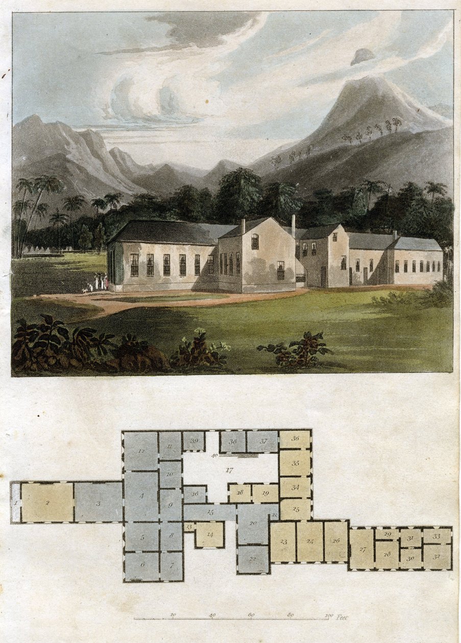 Udsigt og plan for Longwood House, St. Helena: Napoleon Bonapartes residens af Rudolph Ackermann