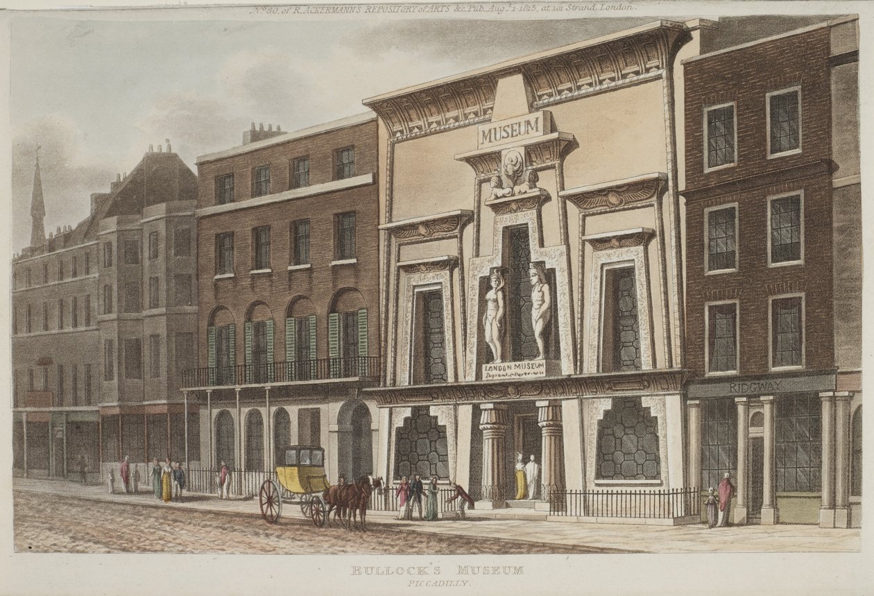 Udsigt over Bullocks Museum, bedre kendt som Egyptian Hall, på Piccadilly, 1815 (akvatint) af Rudolph Ackermann