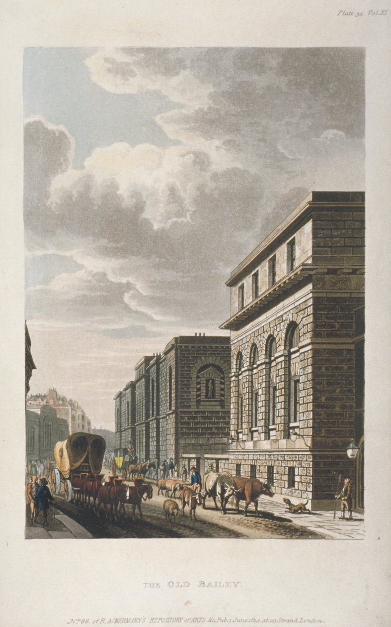 Udsigt over Old Bailey, ser nordpå, City of London, 1814 af Rudolph Ackermann