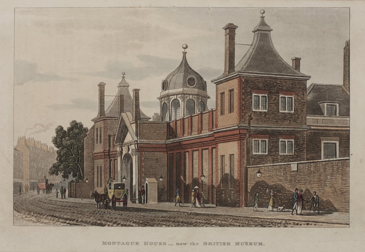 Udsigt over British Museum, Holborn med et gadebillede, ca. 1810 af Rudolph Ackermann