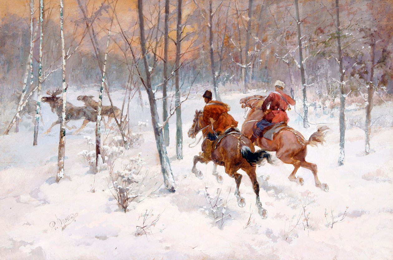 Elk Jagt - Elk Jagt af Frenz, Rudolf Ferdinandovich (1831-1918), - Akvarel, Gouache på papir, 39,5x60 - Privat Samling af Rudolph Frenz