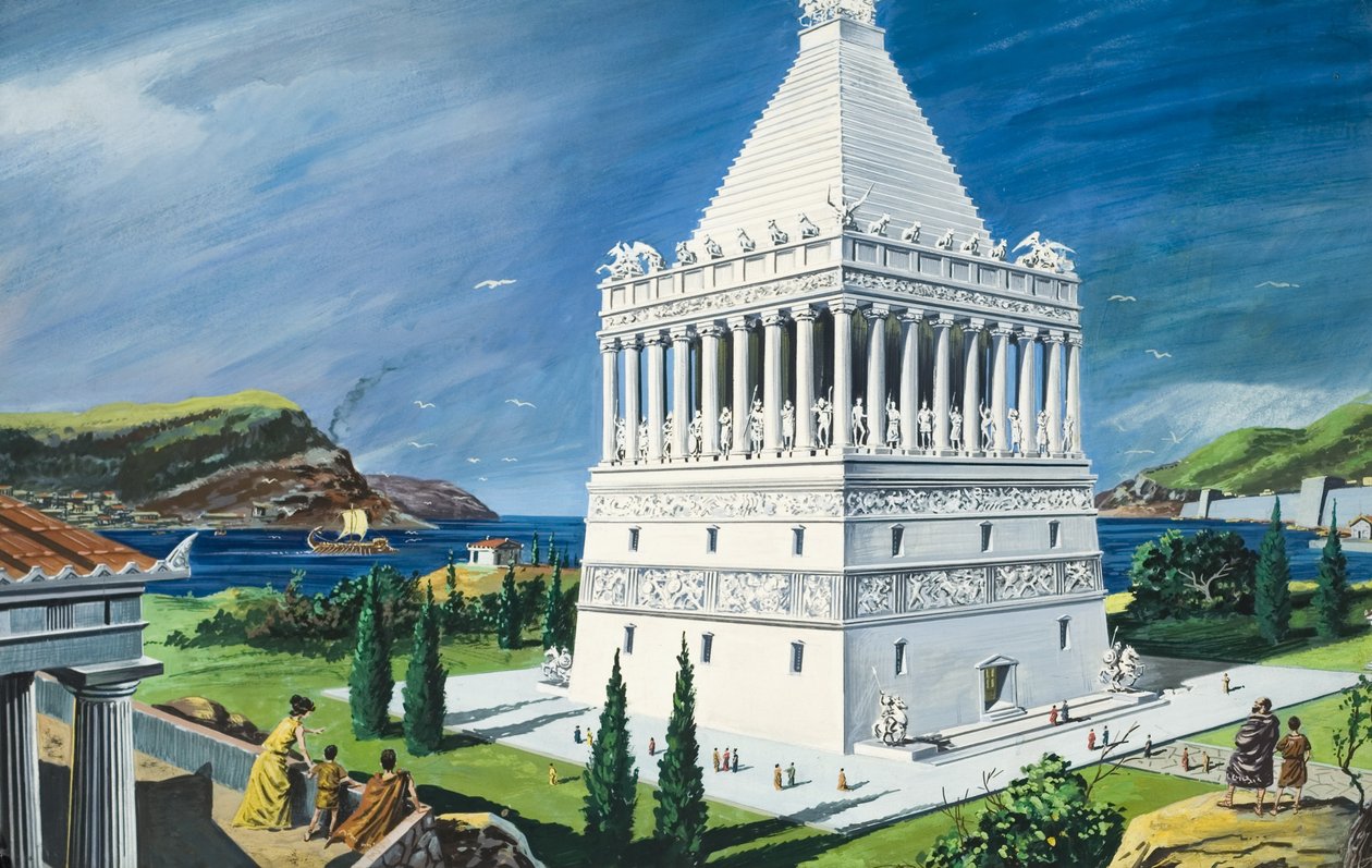 Mausoleet i Halikarnassos, færdiggjort i 353 f.Kr. (gouache på papir) af Ruggero Giovannini
