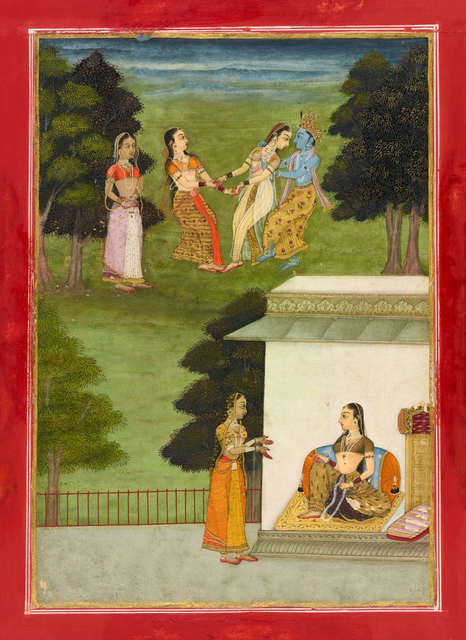 Krishna leger med <em>gopis</em>, folio fra en <em>Rasikpriya</em> af Ruknuddin