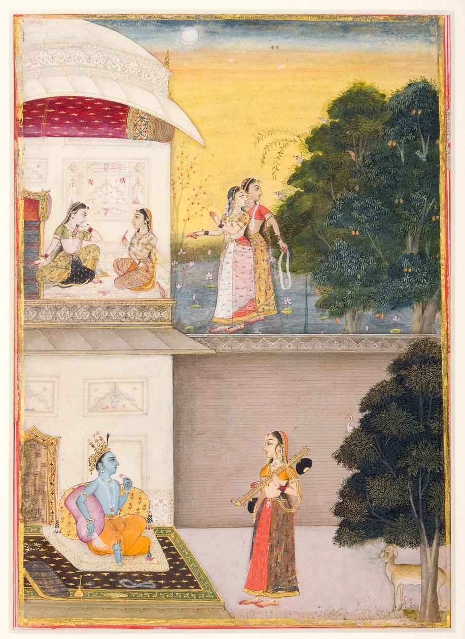 Radha kommer til Krishna med sin vina, 1685 (ugennemsigtig wc og guld på papir) af Ruknudin of Bikaner
