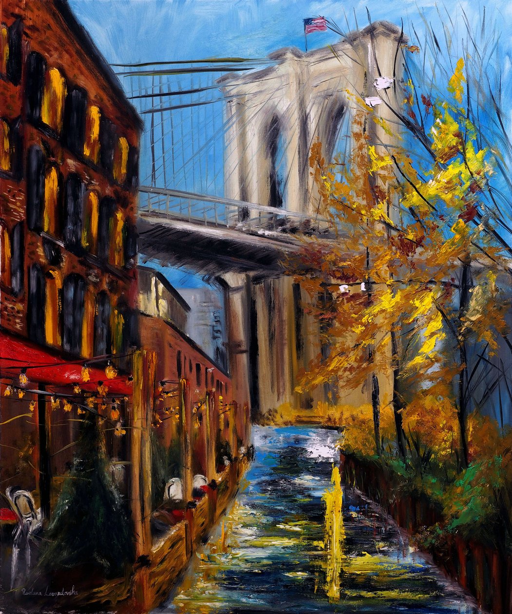 Autumn at Brooklyn Bridge in DUMBO New York, 2021 (olie på lærred) af Ruslana Levandovska