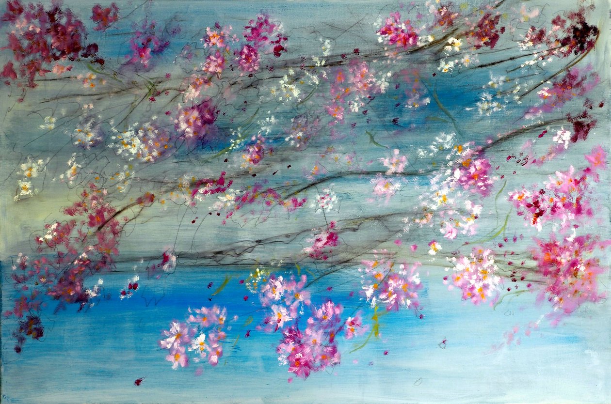 Blomstrende kirsebærblomster i Japan, 2020 (olie på lærred) af Ruslana Levandovska