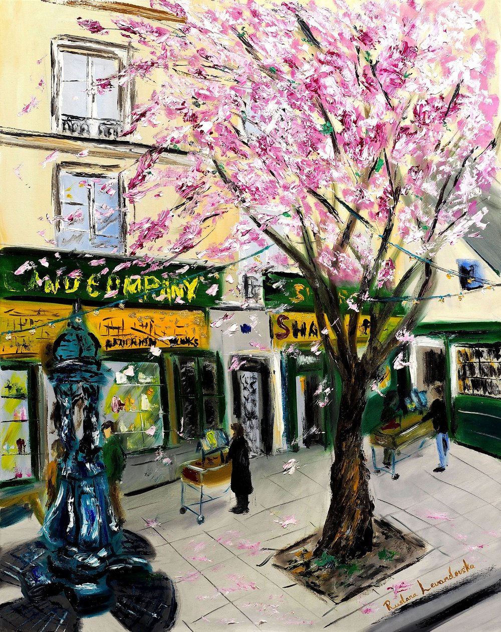 Cherry Blossoms at Shakespeare and Co Paris - med guldudsmykning, 2023 (olie på lærred) af Ruslana Levandovska